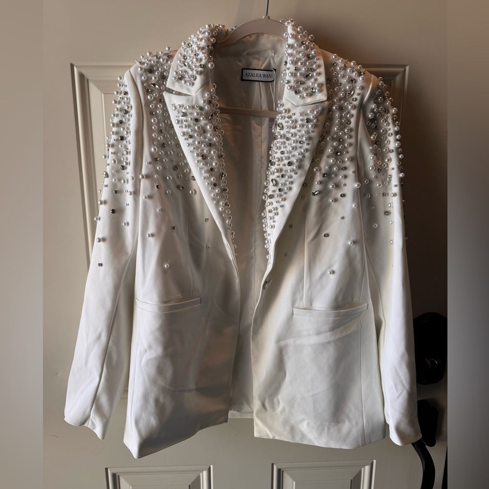 Azalea Wang White Pearl Studded Women's Blazer